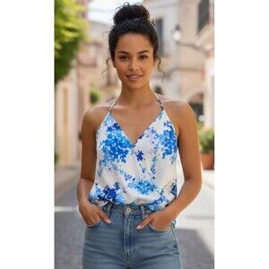 DESIGNER OLIVACEOUS BLUE/WHITE FLORAL PRINT HALTER BLOUSE/TOP SIZE LARGE